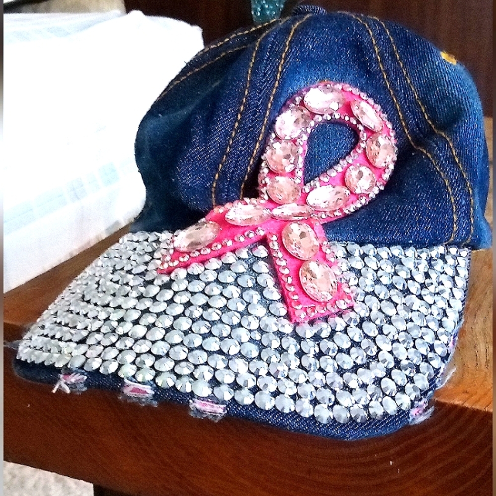Denim Cap with Pink Ribbon and Rhinestones